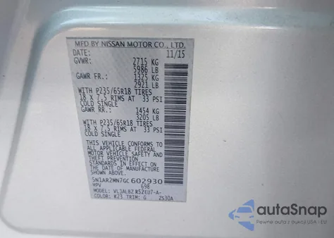 2016 Nissan Pathfinder Platinum/S/Sl/Sv z USA, uszkodzony, nr VIN 5N1AR2MN7GC602930